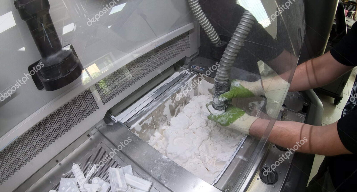 man cleans details printed on an industrial 3d printer from white plastic powder